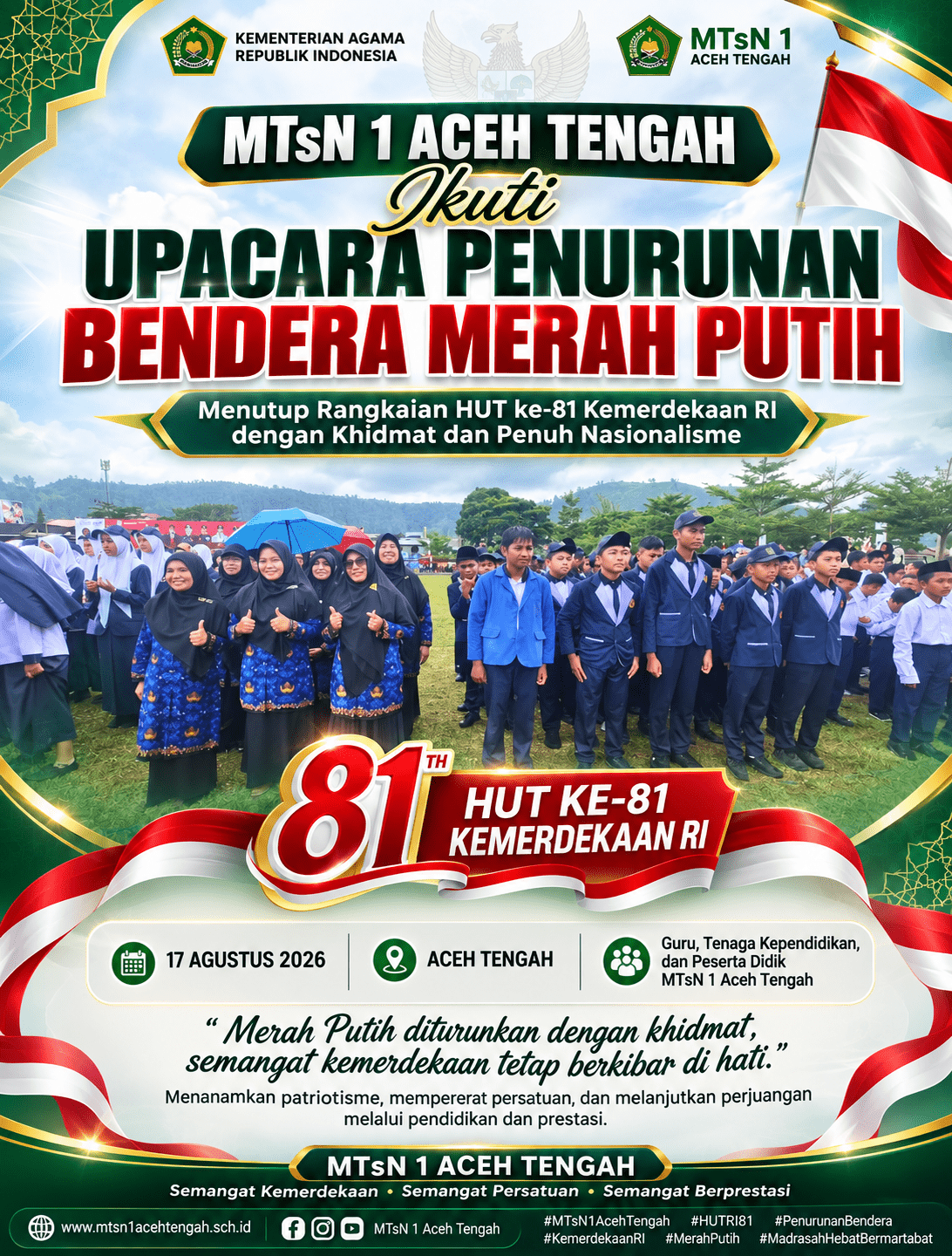 MTsN 1 Aceh Tengah Ikuti Upacara Penurunan Bendera Merah Putih