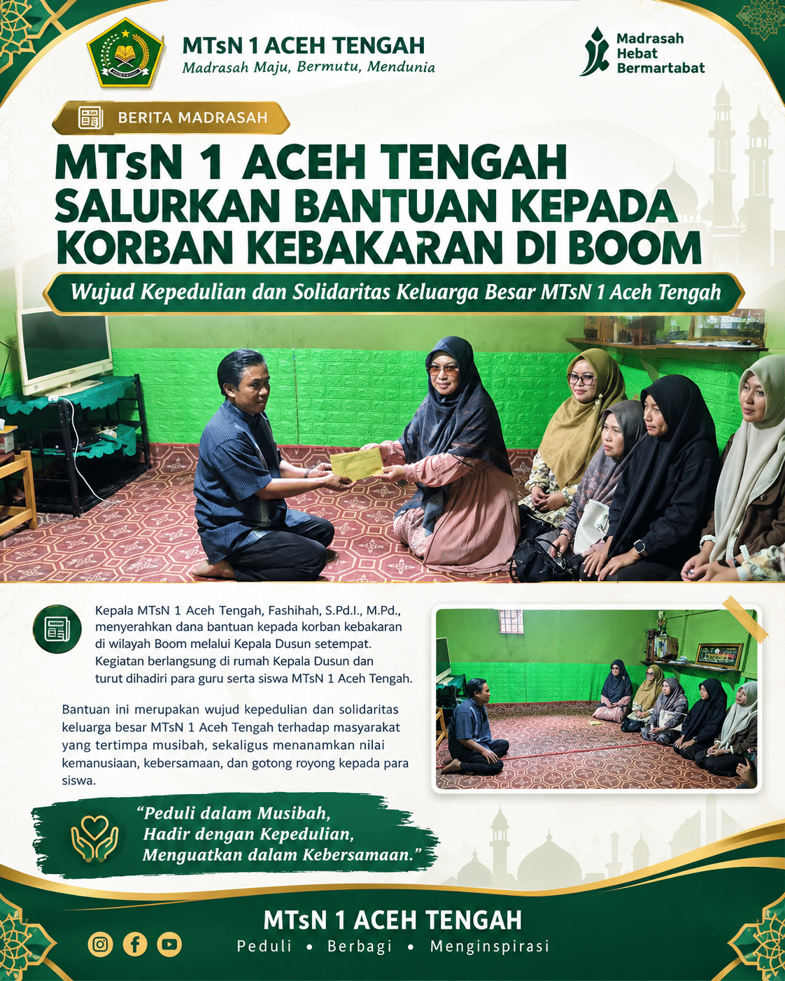 MTsN 1 Aceh Tengah Salurkan Bantuan kepada Korban Kebakaran di Boom