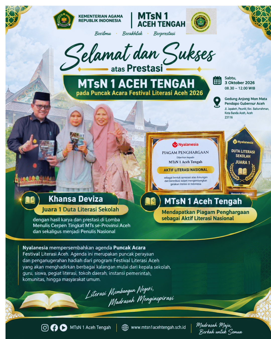 MTsN 1 Aceh Tengah Raih Prestasi pada Puncak Festival Literasi Aceh 2026